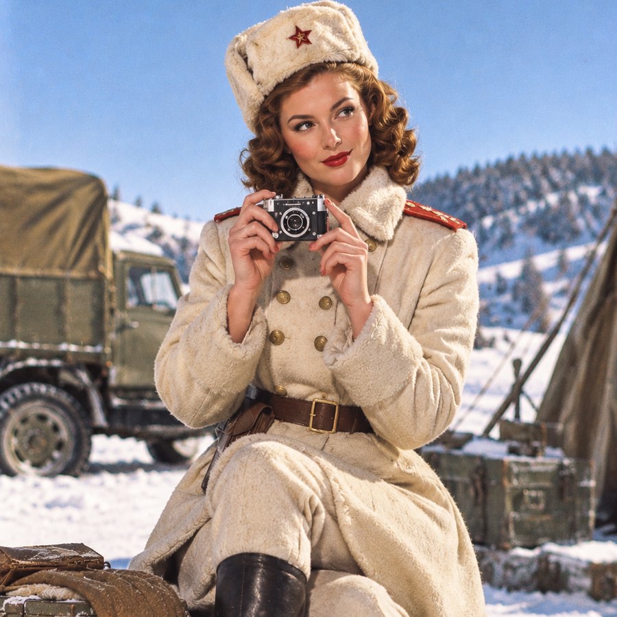 Vintage-style pin-up with a KMZ Ajax-12 camera, 1952