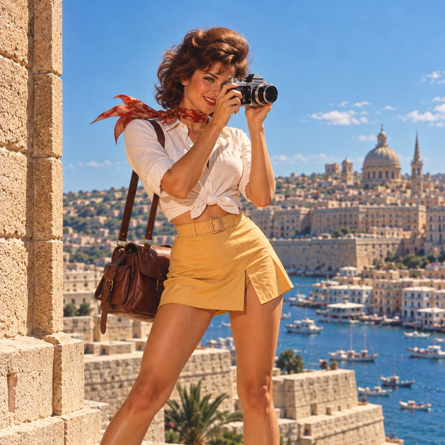 Vintage-style pin-up with a Nikon F camera, 1959